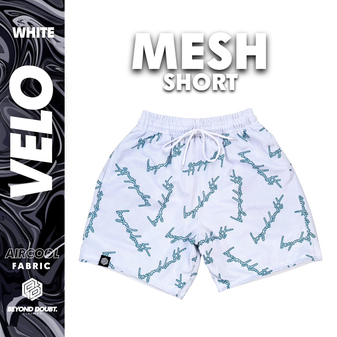 MESH SHORT - "VELO WHITE” Design AIRCOOL Fabric - BEYOND DOUBT CLOTHING